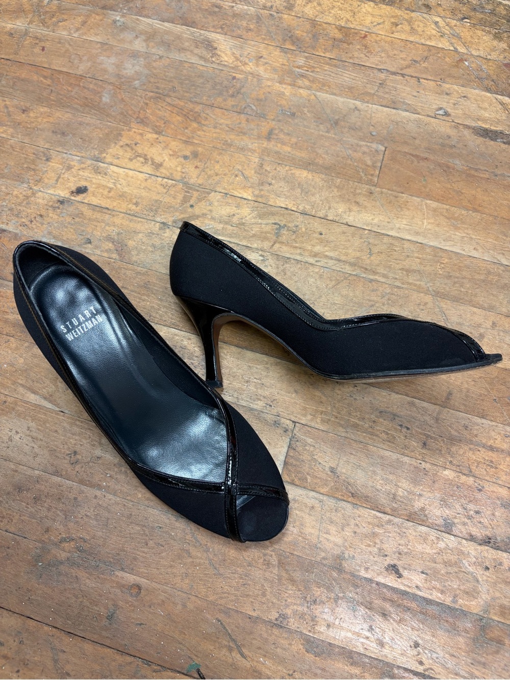 Stuart Weitzman Black Peep-Toe Mid-Heels